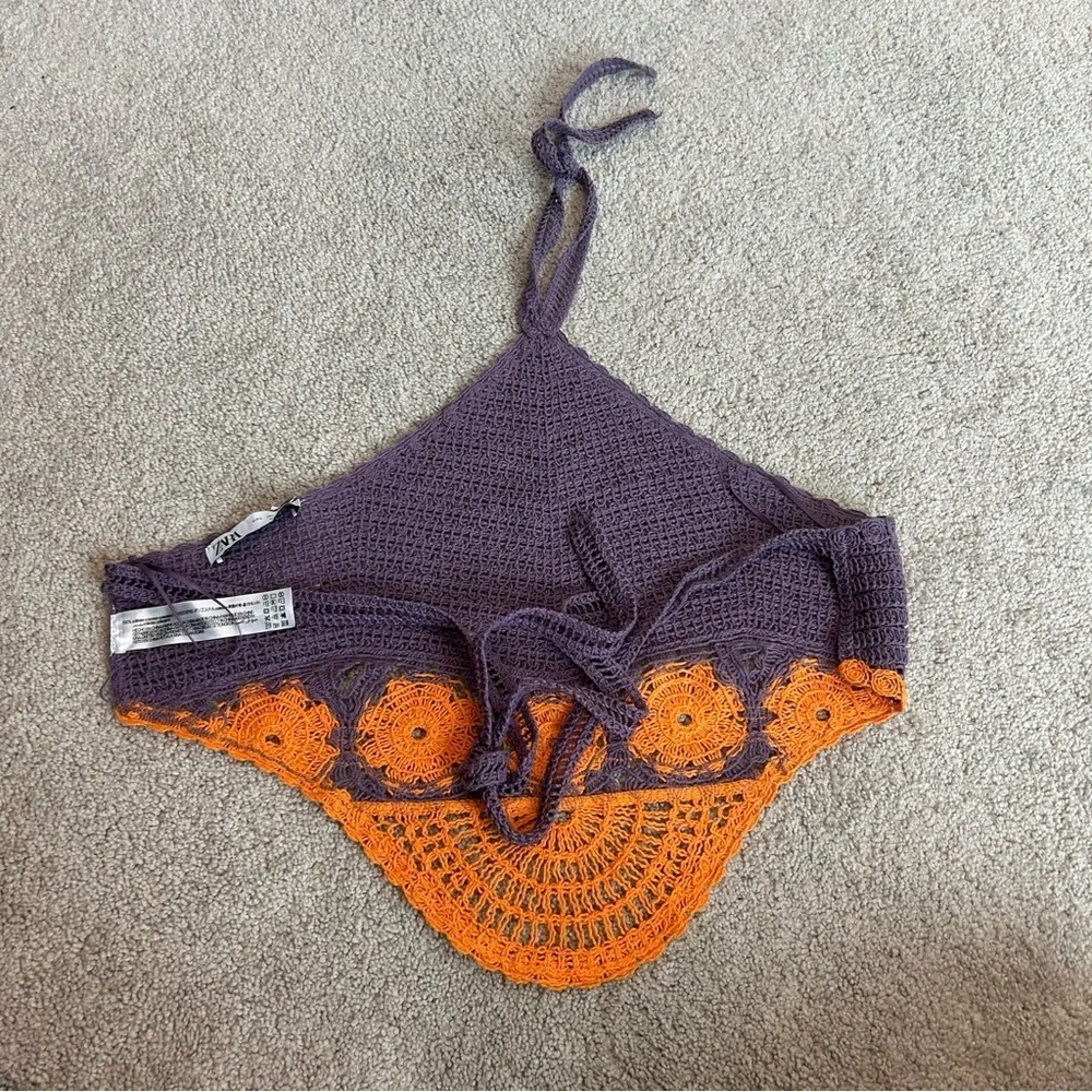 Zara purple orange crochet knit boho halter crop top NWT bohemian - Picture 8 of 13